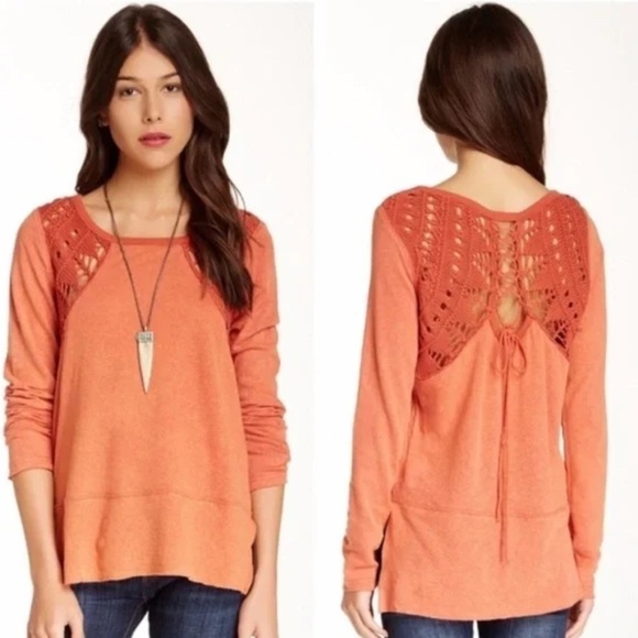 FREE PEOPLE Woman Crochet back bohemian shabby chic cotton long sleeve tunic M - Picture 1 of 15